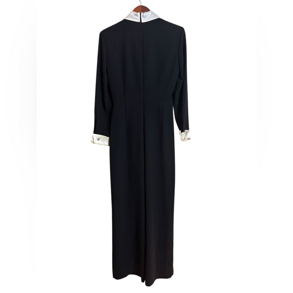 Vintage Jones of New York Black Wide Leg Jumpsuit White Satin Trim Long Sleeve 4 - Picture 3 of 10